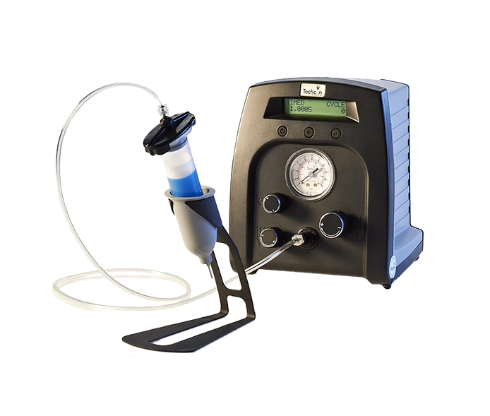 Highly responsive air pressure and vacuum management system, coupled with a digital timing circuit, provides consistent and repeatable fluid dispensing and material waste control. User friendly firmware provides quick and easy setup function.
