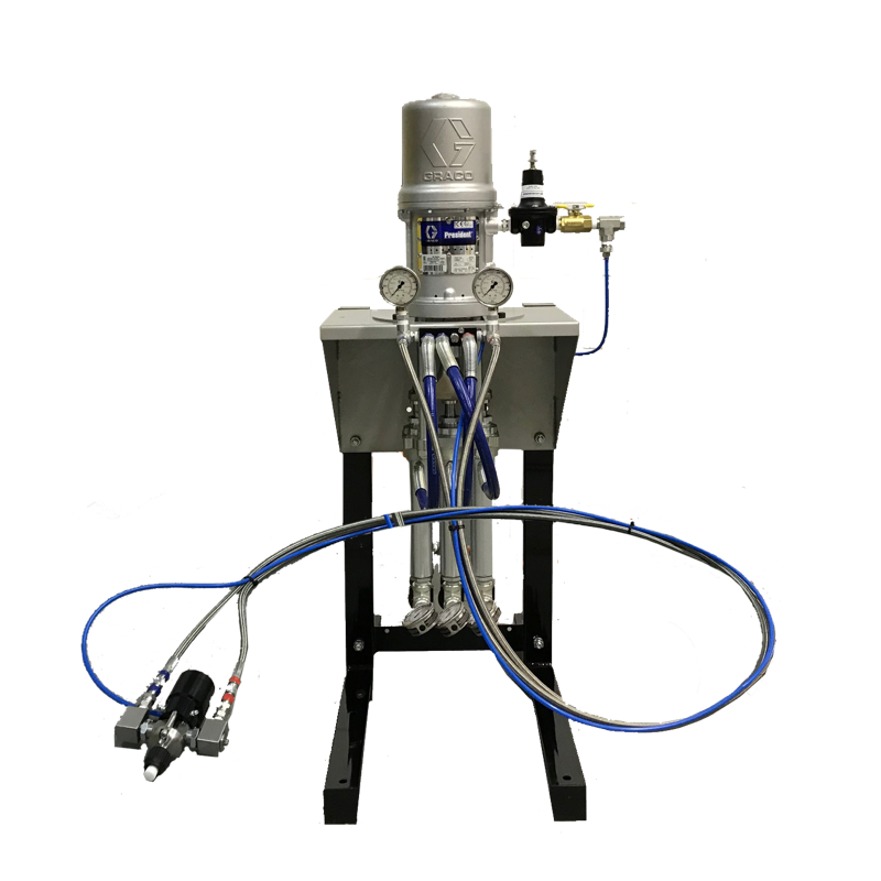 The HydraCat is a fixed ratio dispensing system that will proportion, mix and provide a continuous flow rate for low viscosity two-component fluids.