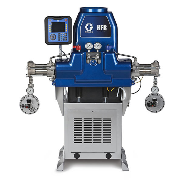 The HFR Hydraulic Fixed Ratio Meter Mix Dispense machine can delivery high flow rates of high viscosity 2 component silicones, polyurethanes, and epoxies. Fed directly from drum transfer or extrusion ram pumps. The HFR is a popular choice in the Solar, Wind Power, Insulated Glass , Automotive, Polyurethane Foam, and Packaging industries. With its accuracy and repeatability, the Graco HFR lets you hit a specific ratio and volume - the first time, and every time. 
