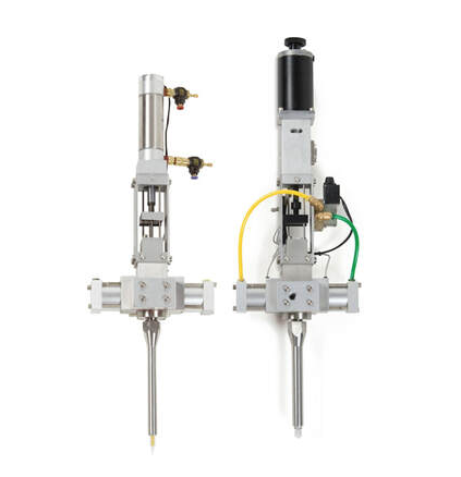 The PD44 Micro Shot Meter Mix Dispense Valve is specifically designed to dispense small amounts of water thin to paste viscosity materials from 0.005 cc's to 5 cc's. This highly precise rod style positive displacement metering valve provides extremely repeatable shot and ratio accuracy for applications requiring finite and fractional deposits of mixed material. Suitable for two component epoxies, polyurethanes, silicones, and methacrylates. Uses disposable static mixers. 