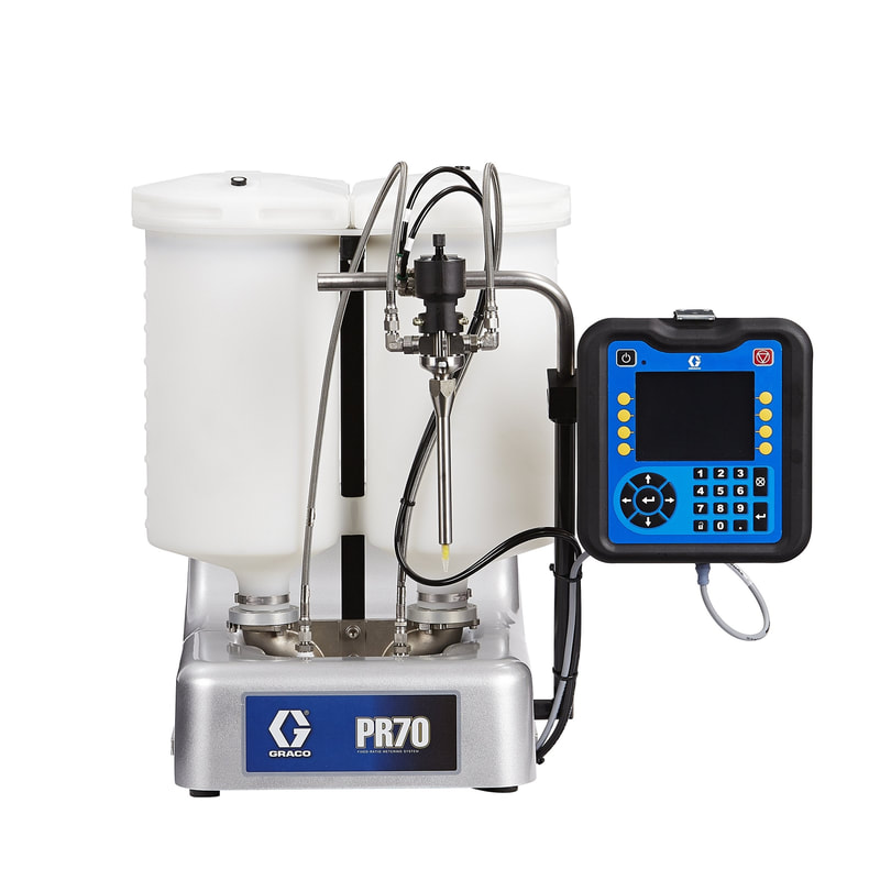 The PR70 fixed and variable ratio meter mix dispense machines for processing a wide range of 2 component polyurethanes, silicones and epoxies. ​​Ratio accuracy to ±1%. The PR70-V upgrades the fixed to a variable ratio to accommodate volumetric ratios of 1: 1 to 24:1).​